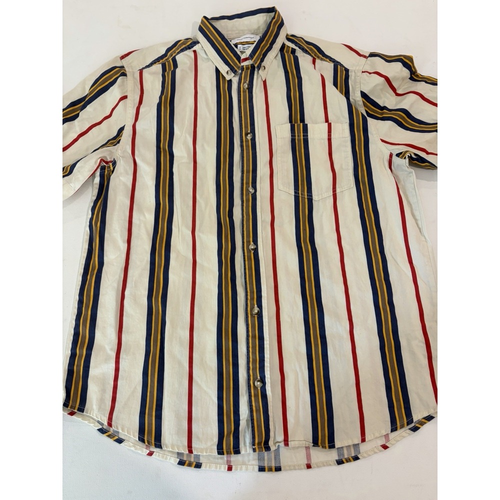 Urban Outfitters Mens White Red Blue Yellow Stripe Button Short Sleeve Shirt MED